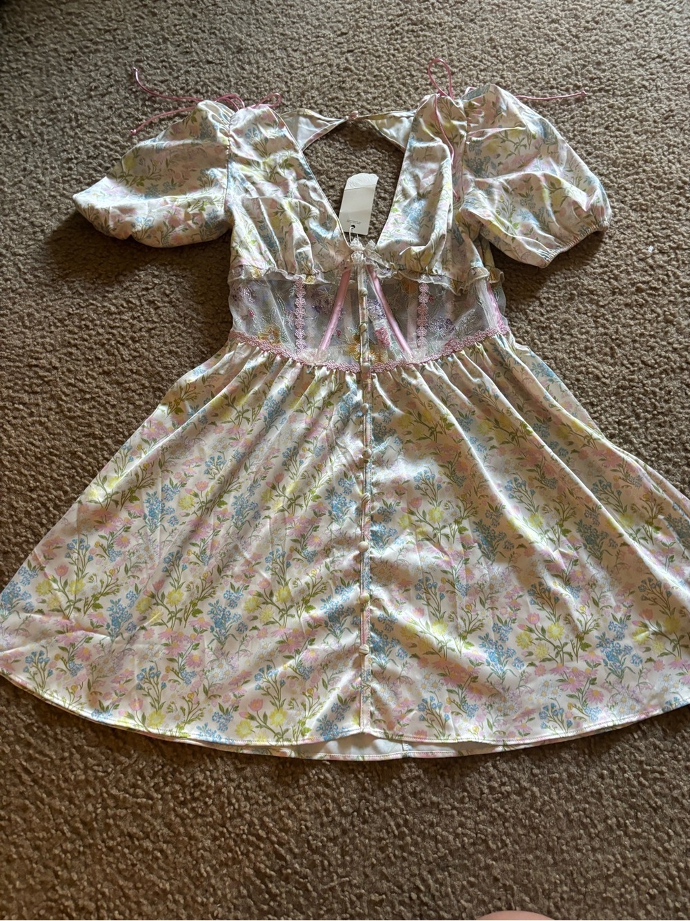 For Love & Lemons Glitter Garden Puff Sleeve Floral Slip Satin Mini Dress S